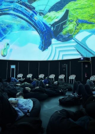 Colourful screening on the roof of the geodesic dome event space.