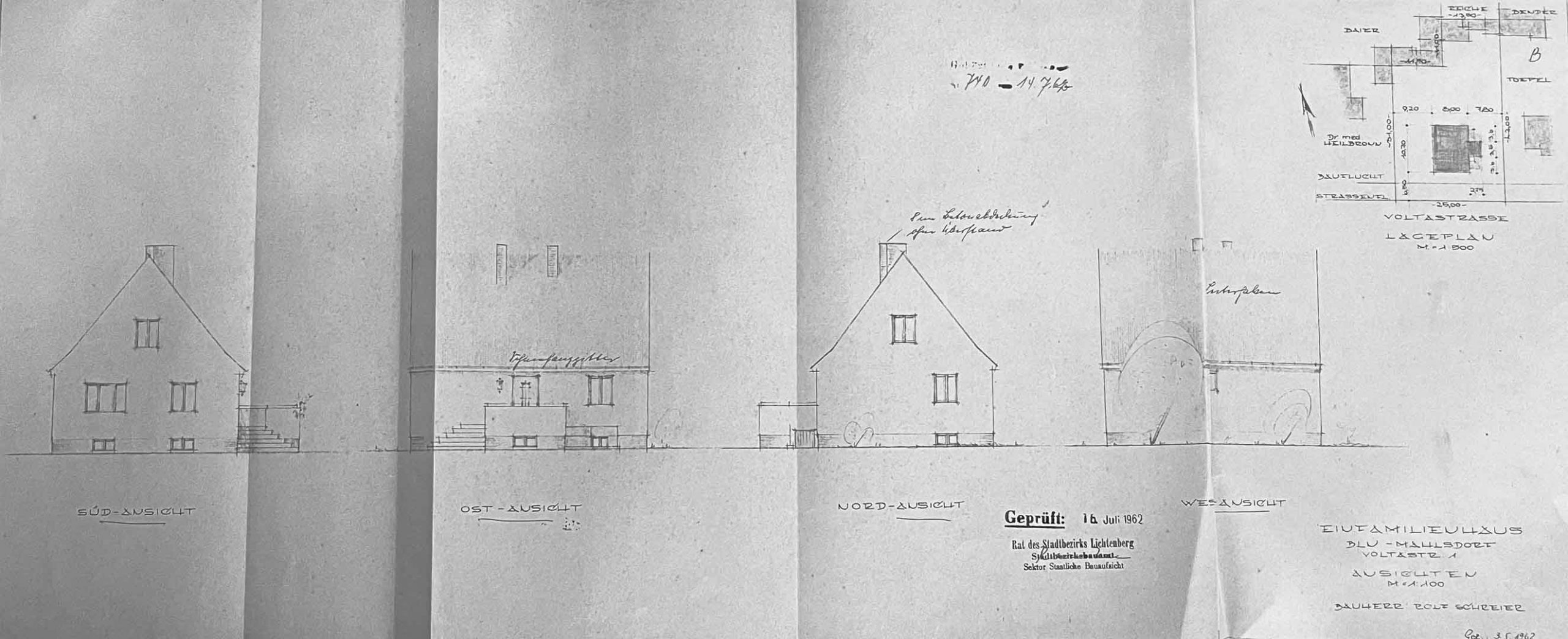 handskizzierte Bestandspläne, Ansichten von Einfamilienhaus von 1962