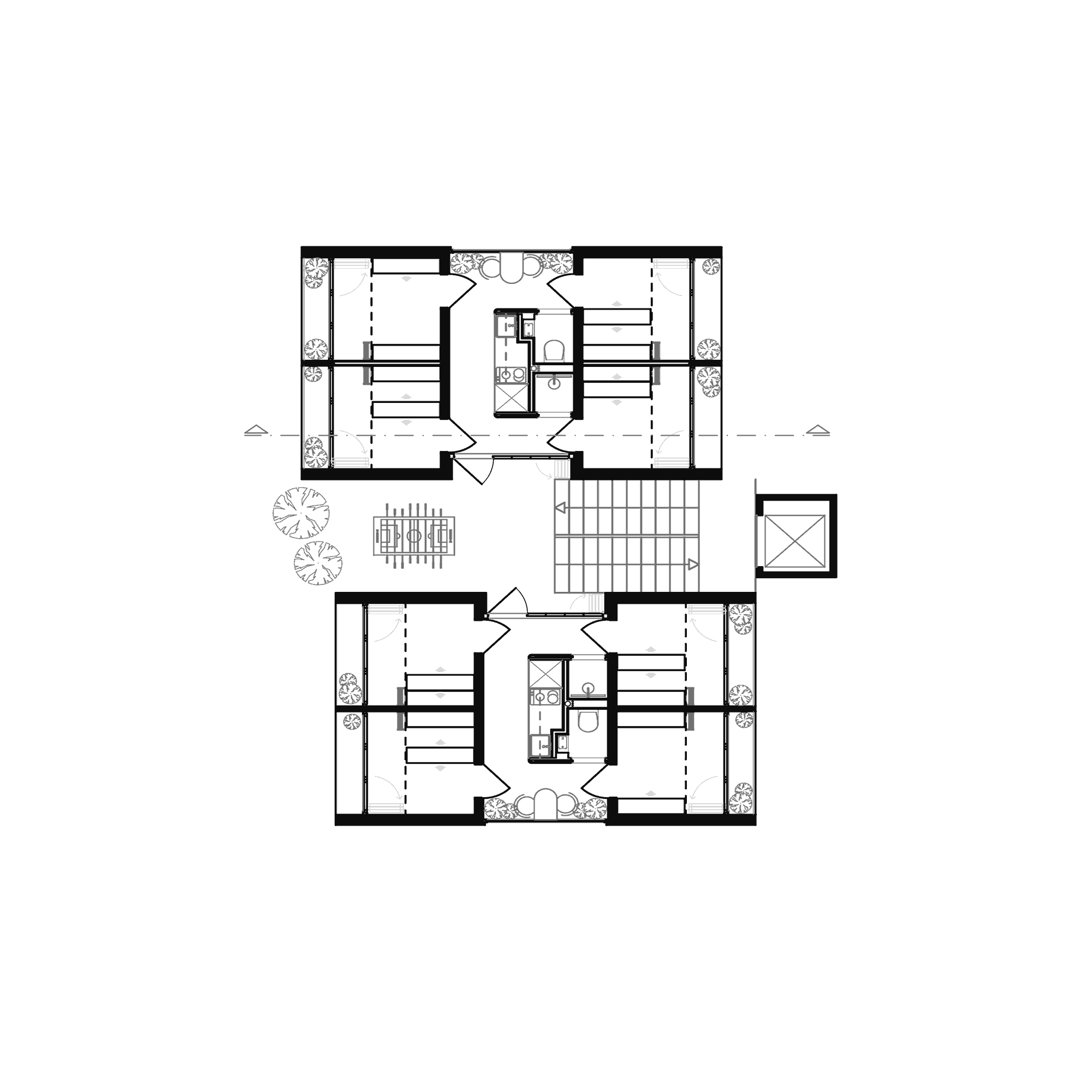 Axonometric drawings of architectural design concept for a coliving appartment concept in Berlin.