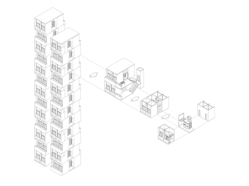 Axonometric drawing of residential project in Berlin; micro apartments stacked together