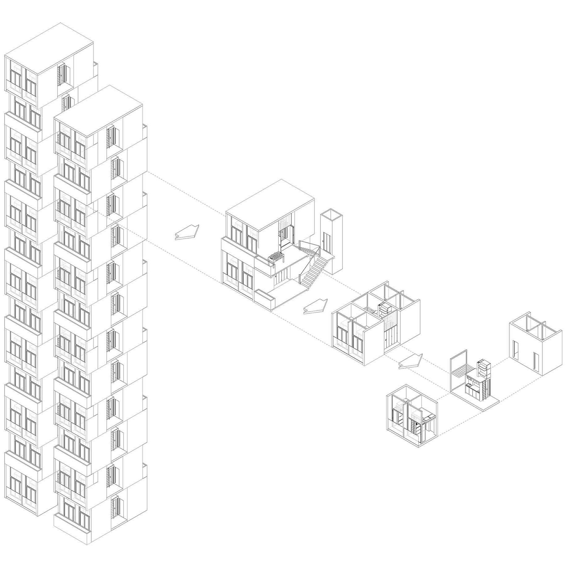 Axonometric drawing of residential project in Berlin; micro apartments stacked together