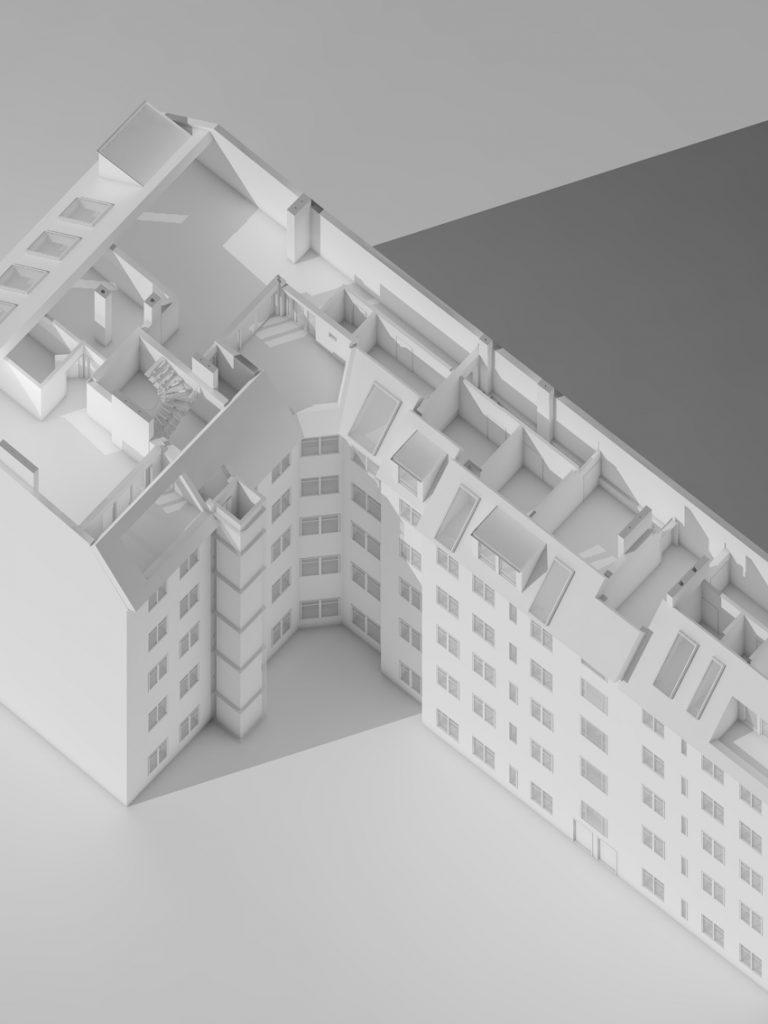 ArchiCAD redering of an old building (Altbau) in Berlin. The roof has been opened op to show the floor plan of the attic.