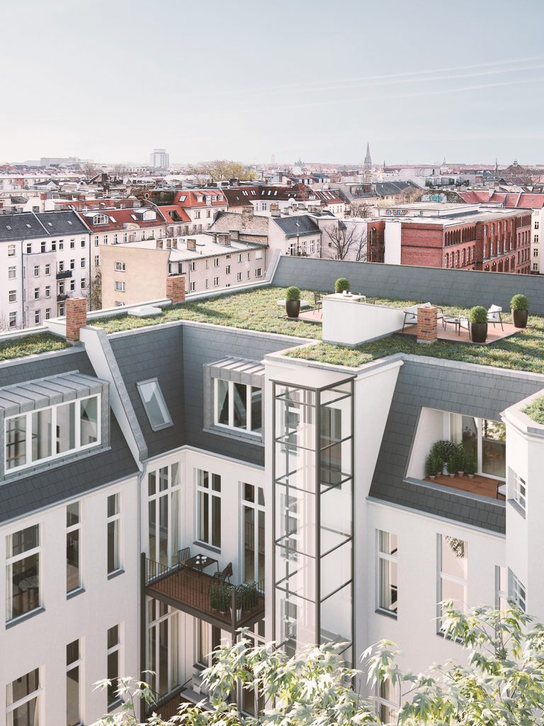 Render showing rooftop garden as apart of the attic to apartment conversion of historic building in Berlin Charlottenburg